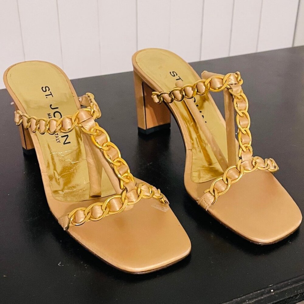 ST. JOHN, Gold Chain, Slip-On Sandal, Heels, Size 5.5